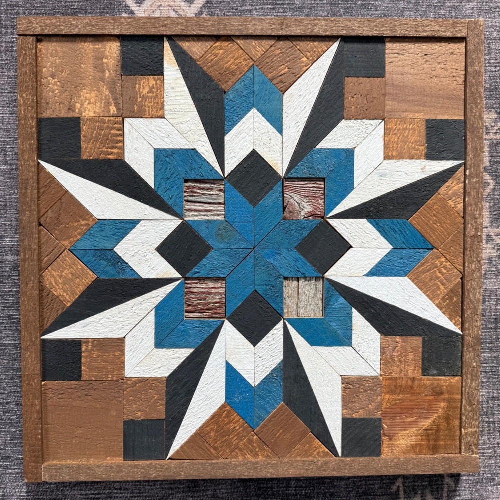 Barn Quilt Wood Wall Art Geometric Star Mosaic Rustic Farmhouse Decor 16x16 In